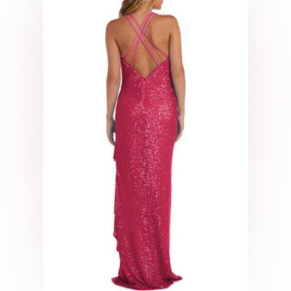 Morgan & Co. Spaghetti Strap V-Neck Ruffle Slit All Over Sequin Slim Gown Sz 13 - Picture 4 of 7